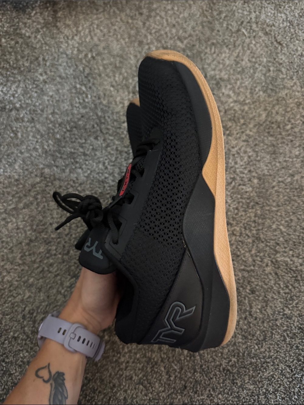 TYR Black Knit Sneakers with Gum Outsole and Red Insole Accents - Picture 2 of 3